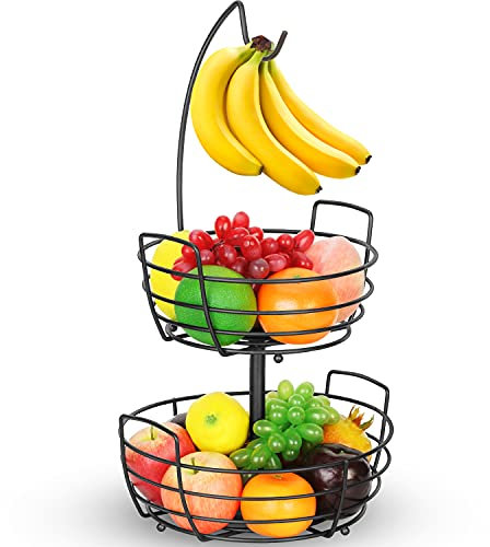 Obstkorb 2 Stöckig mit Bananenhaken - Metall Obststaender für die Arbeitsfläche - Küche Deko Obstschalen für Obst und Gemüse - Schwarz