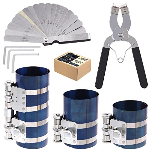 Mardatt 8-Piece 3 4 6 Piston Ring Compressor Tool Set with Piston Ring Pliers and Stainless Steel Feeling Gauge, Piston Ring Compressor Tool for GM Car Engines