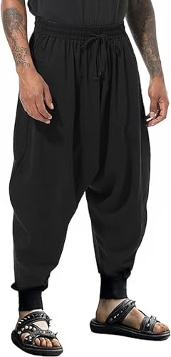 PACEIADTA Men Elastic Waist Harem Pants Loose Drawstring Drop Crotch Trousers (X-Large, Black-1)