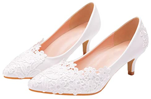 Minetom Femme Elégant Chaussures de Mariée en Dentelle à Talons Hauts Aiguille Club Soiree Escarpins pour Mariage A Blanc 43 EU