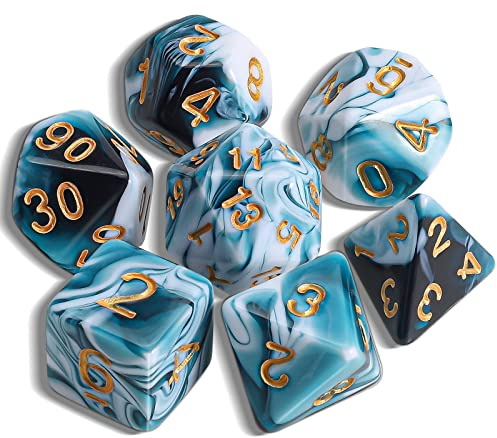 QMAY DND Lot de 7 dés polyédriques pour Donjons et Dragons MTG RPG D&D D20, D12, D10, D%, D8, D6, D4 (Cyan Mélangé au Blanc)