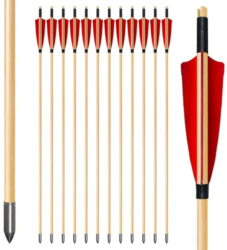 biubiusot 32 Inch Wooden Arrows Archery Traditional 12Pcs Turkey Feather Fletched Handmade Hunting Practice Targeting for Longbow Recurve Bow Traditional Horsebow (red)