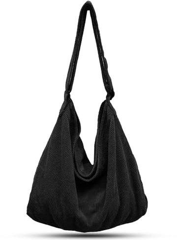 ONCCI Umhängetasche Damen Handtasche, Cord Taschen Groß Shopper Tote Bag Schultertasche Casual Crossbody Bag für Schule Uni Büro Arbeit Reisen Ausflug Einkauf (Schwarz)