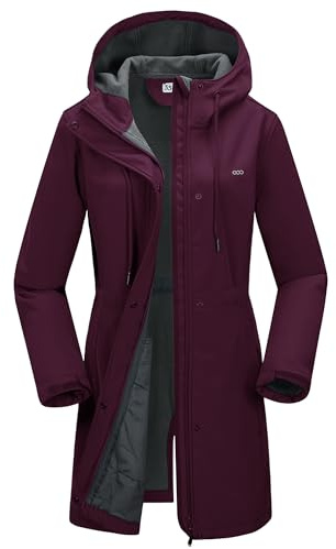 33,000ft Women’s Softshell Jacket with Hood Waterproof Ladies Functional Jacket Fleece Lined Windbreaker Breathable Raincoat Hooded Long Coats for Cycling Hiking Outdoor Rose Carmine L