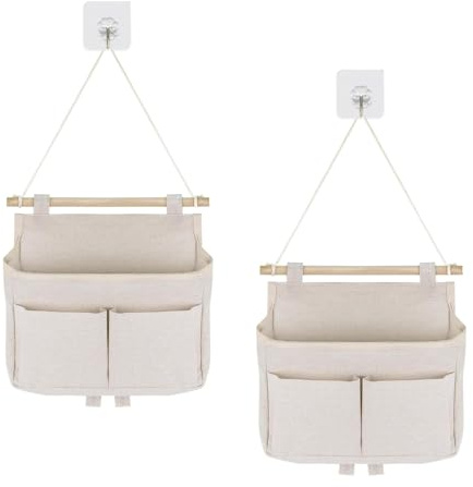 XoeLLe 2 Pcs Wall Hanging Storage Bags, Hanging Storage Organiser, Waterproof Hanging Shelves, Linen Cotton Bedside Storage, with 3 Pockets, for Bedroom, Bathroom, Kitchen Office (White)