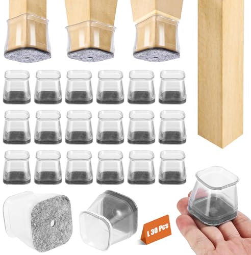 Stuhlbeinkappen Rechteckig, 30 Stück Stuhlbeinschoner Schutzkappen mit Filz für Stuhlbeine, Silikon Transparent Stuhlbein überzieher, Zum Schutz von Böden Kratzschutz und Geräuschdämmung