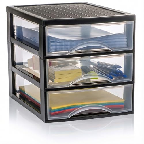 Hausfelder Schubladenbox A4 mit 3 Schubladen, Transparente Kunststoff Schubladenbox für Schreibtisch, Büro Organizer Schubladen, Aufbewahrungsbox mit Schubladen, Din A4, Stapelbar, 36,5x26x28cm