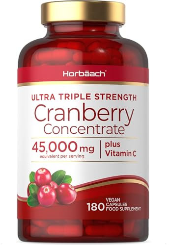 Cranberry Kapseln Hochdosiert 50000mg mit 200mg Vitamin C | 180 Vegane Konzentrat Tabletten | Preiselbeerextrakt Komplex mit Vitamin C | by Horbaach