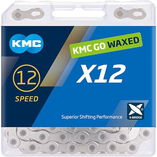 KMC | Wax X12 Bicycle Chain 12-Speed | Mountain Bike/Road/Gravel | 12 Speed Chain: Shimano & Campagnolo Compatible | 126 Links, Missing Link Included | Silver