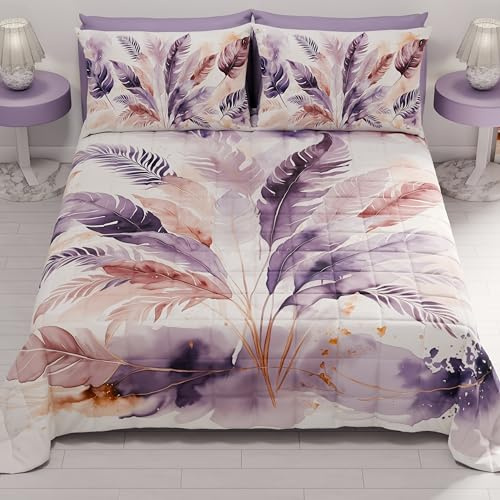 PETTI ARTIGIANI ITALIANI - Colcha Cama 270x260 cm Microfibra, Primavera Verano, Edredón Cubrecama Doble, Colchas Bouti Modernas, Palma Lila, 100% Made in Italy