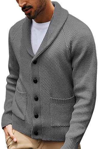 Generisch Chaquetas de punto para hombre, chaqueta de punto para hombre con cuello bufanda y jersey estructurado con botones de punto, Gy1., S