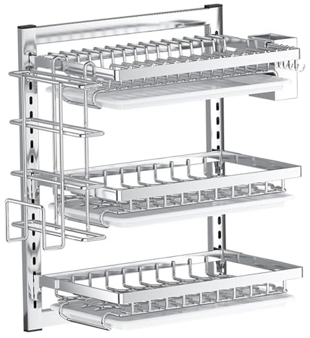 Licsaliwe Wall Mounted Dish Drying Rack, 3 Tier Stainless Steel with Drainboard & Hooks for Kitchen