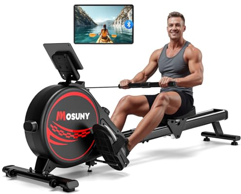 MOSUNY Rudergerät für Zuhause, Magnetisches Rudergerät mit 16 Widerstandsstufen, Upgrade Doppel-Slide-Rails Ultraleise, App-Kompatibel LCD-Datenanzeige, Belastbar bis 160kg, Die Wahl für Fitness