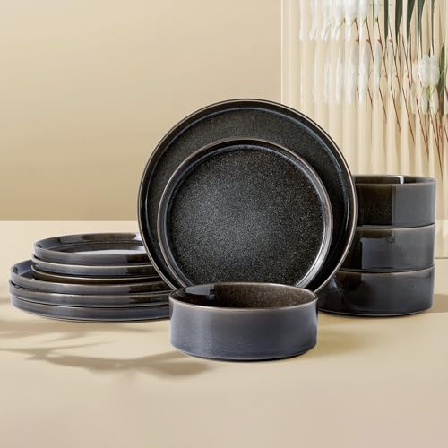 ALOFMO Dinnerware Sets for 4, ceramics Plates and Bowls Set, 12-Piece Modern Stoneware Dinnerware – Chip Resistant, Non-Toxic, Dishwasher and Microwave Safe Tableware, Black