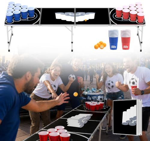 YRHome Set da tavolo pieghevole per birreria con tazze e palline, pratico tavolo per beer pong, regolabile in altezza, per adulti, con maniglie, gioco da bere, perfetto per ogni festa