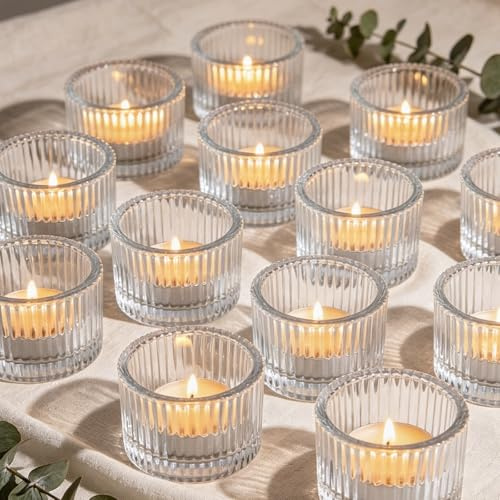 Filltown Clear Tealight Candle Holders Set of 12, Glass Votive Tea Light Holders, Mini Vintage Striped Candles & Holders for Wedding Christmas Home Birthday Party Decor