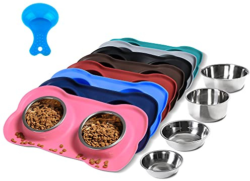 Hubulk Pet Dog Bowls 2 Stainless Steel Dog Bowl with No Spill Non-Skid Silicone Mat + Pet Food Scoop Water and Food Feeder Bowls for Feeding Small Medium Large Dogs Cats Puppies (S, Pink)