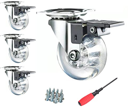 4 Pack 3 Inch Swivel Caster Wheels for Furniture 800Lbs Lockable Heavy Duty Clear Polyurethane Rolling Wheels with 360 Degree Top Plate for Cabinet,Ottoman,Bench(Gel Clear,Not for Chair Legs