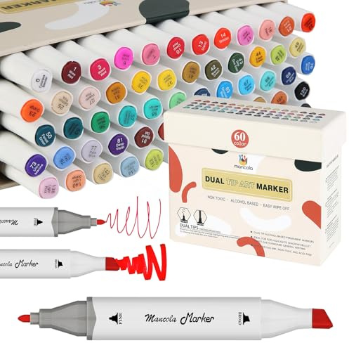 mancola Pennarelli ad alcol con punta in feltro, 60 colori, con doppia punta, permanenti, per adulti per evidenziare e sottolineare MA-MK60