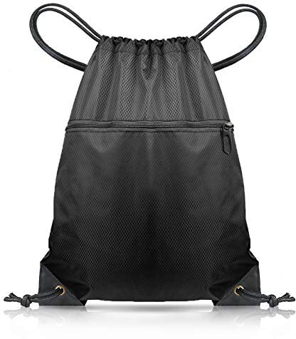 CHEPULA Drawstring Bags, Large Black Sports Backpack String Swim Drawstring Gym PE Bags for Women Men, Travel Beach Bag with Waterproof