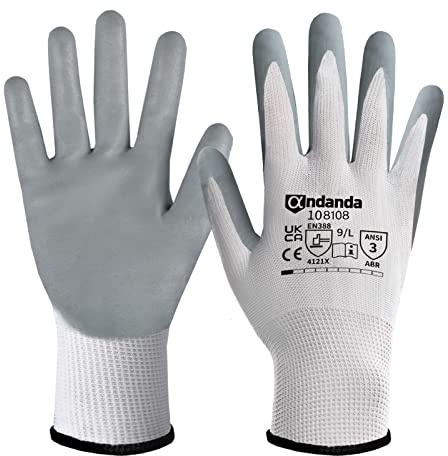 ANDANDA 12 Pairs Work Gloves, Nitrile Gloves, Gardening Gloves, Safety Work Gloves Suitable for General Duty Work like Warehouse/Garden/Logistics/Assembly/Utilities & Public Works, White/X-Large
