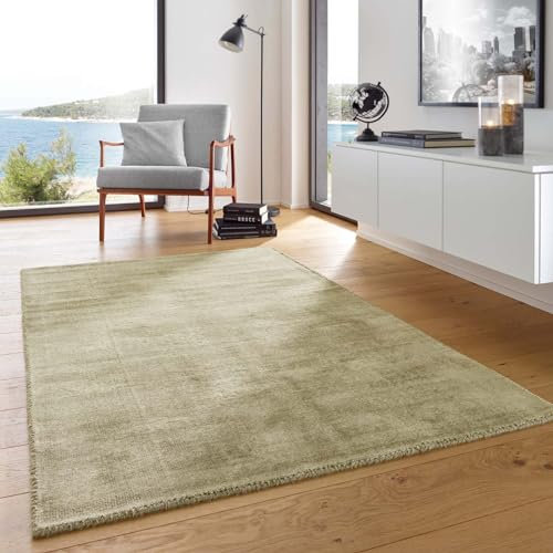 Skanidi Boho Teppich Kurzflor Vanessa Hand-Web-Teppich strapazierfähiger nachhaltiger Viskoseteppich Handarbeit edel glänzend Viskose fürs Wohnzimmer, Esszimmer und Schlafzimmer grün 120x170 cm