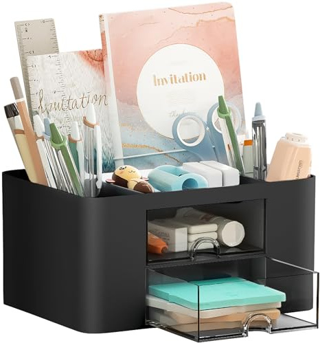 Marbrasse Pen Organizer with 2 Drawer, Multi-Functional Pencil Holder for Desk, Desk Organizers and Accessories with 5 Compartments + Drawer for Office Art Supplies (Black)