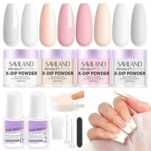 SAVILAND Dip Powder Nail Kit, 4 Colors Dip Powder Starter Set with Base & Top Activator for French Nail Art Manicure DIY Salon