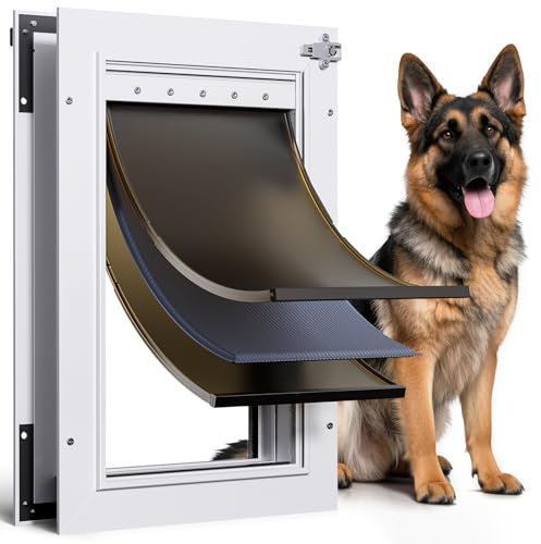 Dog Door for Door All Aluminum 3 Flaps White, Large Dog Doggy Doggie Door, Heavy Duty Pet Door for Dogs, with Insulation Flap and Lockable Closing Panel, Durable Rust Resistant, for Pets Up to 110lbs