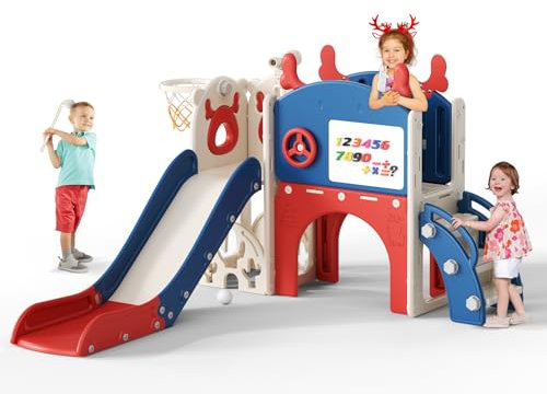 Krovtoy Christmas Elk Theme Toddler Slide,Toddler Slide Freestanding with Basketball Hoop, golf set,Baby Slide Playground Equipment,for in/outdoor use (Blue Red-6 in 1)
