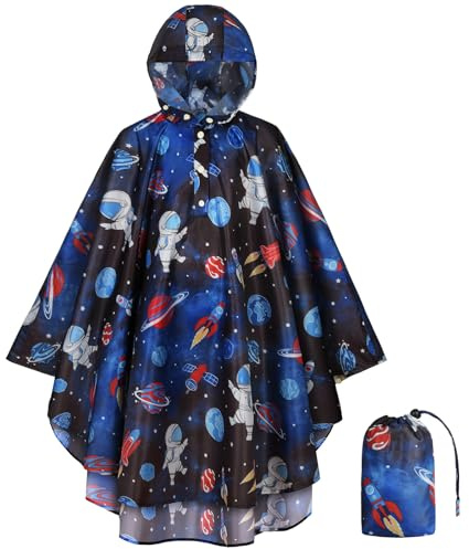HAGOT Poncho Antipioggia per Bambini, Impermeabile Portatile Riutilizzabile, con Cappuccio e Bottoni, Blu, M
