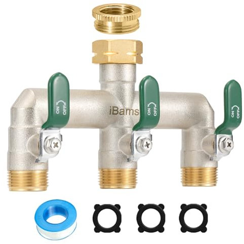 iBamso Brass Garden Hose Splitter, 3 Way High Flow Outdoor Faucet Splitter, 1/2 inch and 3/4 inch Tap Connector with On/Off Valves, Frost Resistant Full Flow Hose Adapter for Home Garden Outdoor-GREEN