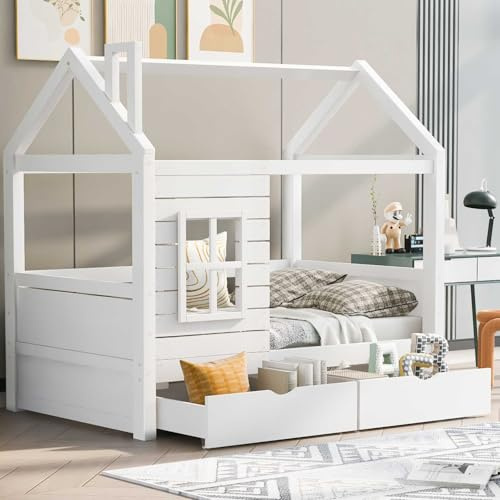 YEHTOKHOME Lit Multifonctionnel en Bois 80x160cm avec 2 tiroirs et sommier à Lattes,Simple lit pour Adolescents en Forme de Maison avec décoration de fenêtre(sans Matelas) (Blanc-B)
