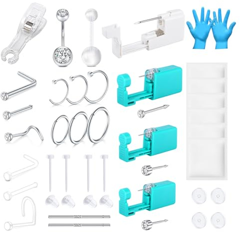 AVYRING Kit per piercing da 36 pezzi, pistola autoperforante usa e getta per ombelico, orecchio, naso, kit professionale per piercing al corpo, in acciaio inox, con gioielli Peircing per donne e