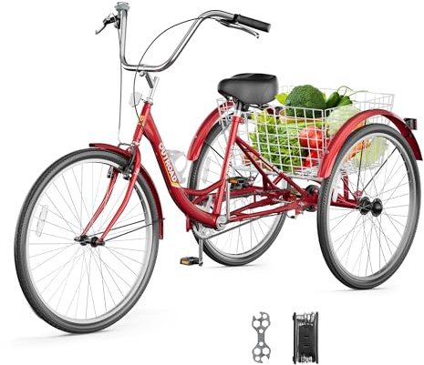Outroad Comfort Tricycle, 24/26 inch 1 Speed Cruiser Trike, 3 Wheel Bikes with Large Basket for Seniors, Women, Men, Adult Trikes for Shopping Picnic Outdoor Sports, Tricycles 24-inch Red