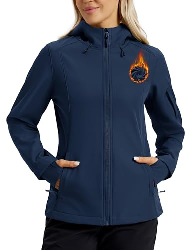 TACVASEN Waterproof Jacket for Women Softshell Jacket Hooded Fleece Lined Windbreaker Lightweight Warm Navy Blue L