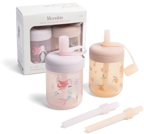 Moonkie Pipmugg Baby med Sugrör i Silikon, 2-pack Barnmugg 150 ml från 6 Månader, Spillfri Mugg med 2 Sugrör för Olika Flöden, Lock och Måttmarkeringar, BPA-fri, Tål Diskmaskin