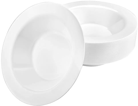 Lillian Tablesettings Premium Quality Heavyweight Plastic Bowls China Like. Wedding and Party Dinnerware Plastic Bowls 14 oz. White/Pearl-Value Pack 30 Count