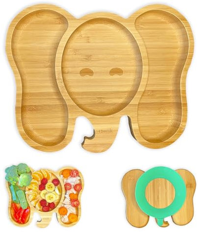 AWIIK - Bamboo Teller mit starkem Saugnapf für Babys und Kleinkinder | BLW Teller aus rutschfestem Bambus mit Saugnapf | Kippschutz zum Essen lernen, BLW (Elephant)