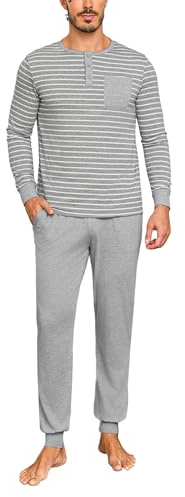 Leversic Pigiama Uomo Invernali Pigiama Due Pezzi Cotone Pigiami da Uomo Lungo Maniche Lunghe e Pantaloni Grigio S