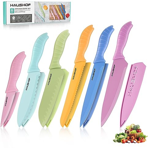 HAUSHOF Kitchen Knife Set, 12-Piece Colorful Knives Set with 6 Sheaths for Kitchen, Non-Stick Coated Stainless Steel Blades for Slicing, Dicing&Cutting, Gifts Knife Set for Dad, Mom, Husband and Wife