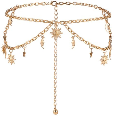 Amaxiu Doppelschichtiger Damen Metallkettengürtel, Mondstern verstellbare Taillenkette verzierter Metallgliedergürtel dünne Bundkette für Kleider Jeans(Gold)