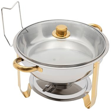 Acero inoxidable Chafing Dish 5L Calientaplatos Calentador de alimentos Calentador de alimentos Redondo Calentador de Sopa Bain Mango Dorado para Restaurantes Cafeterias Hoteles
