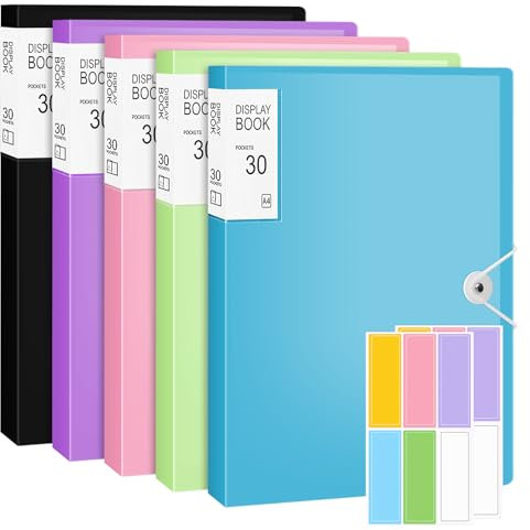 5 Pcs A4 Display Folders, Total 150 Pockets A4 Display Book Folder with Sticker and Safety Rope Presentation Folders Document Project Folder for School and Offices