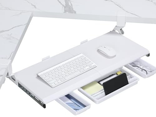 ETHU Vassoio per tastiera sotto la scrivania con morsetto a C, 68 x 30 cm, ripiano per tastiera bianco per scrivanie angolari con chiusura scorrevole e installazione senza attrezzi