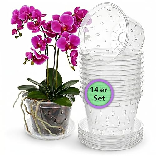 Garten lux Set di 14 vasi trasparenti per orchidee con foro di drenaggio, diametro 14 cm, 1 l e 14 sottovasi, in plastica, per orchidee, per interni