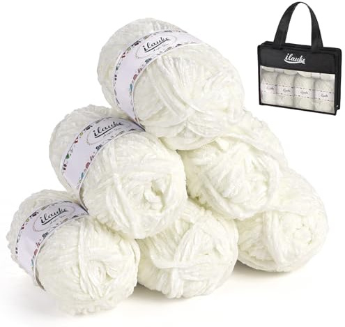 ilauke Chenille Yarn 6x50 g, Soft Chenille Chunky Wool, Crochet Yarn for Knitting with Handbag for Clothes Blankets Bags DIY, White