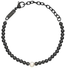 Breil, Collezione Hazard, Bracciale da Uomo in Ematite, Con Perla Naturale di Acqua Dolce, Chiusura a Moschettone, Lunghezza Regolabile