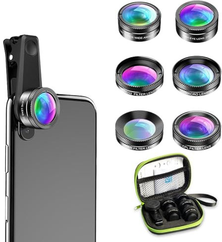 Textiluxe 6 en 1 Objectif Macro Smartphone, objectifs pour téléphones Portables, Fisheye 205° + Grand Angle 140° + Objectif Macro (25x), ND Filtre CPL/Star compatibilité Universelle Smartphone