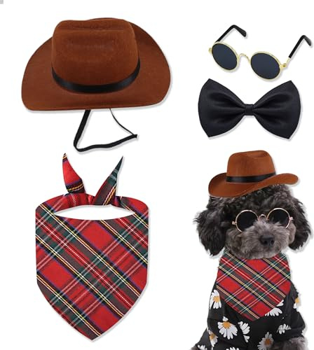 PYSEOSISE Cappelli da Cowboy per Cani, Costume da Cowboy per Animali, Cappello da Cowboys per Decorazione per Animali e Bandana Occhiali Neri Collari with Papillon per Cuccioli e Gattini
